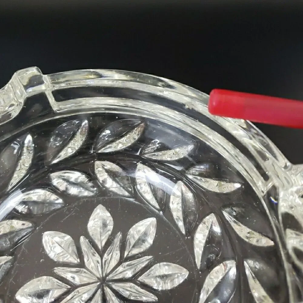 Vintage Cigar Tabletop Ashtray Clear Glass Etched Floral Leaf Band 3 Slots MCM